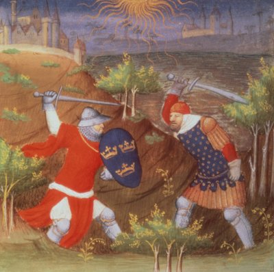 Koning Arthur vecht tegen een Romeinse generaal, uit een manuscript van Histories, door de Boucicaut Meester door French School