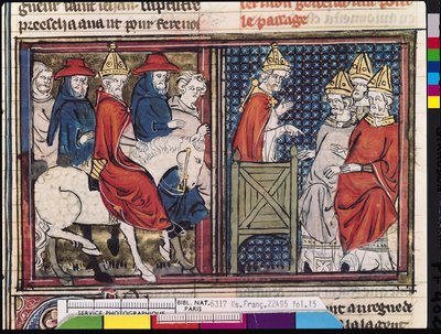 Ms Fr 22495 Fol.15 Het Concilie van Clermont en de aankomst van paus Urbanus II (ca.1035-99) in Frankrijk, uit Le Roman de Godefroi de Bouillon, 1337 door French School