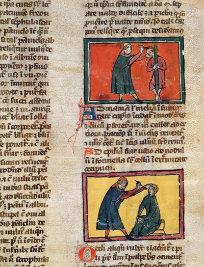 Ms H 89 fol.3 Artsen behandelen de zieken, uit een editie van Boek der Chirurgie door Rogier de Salerne door French School