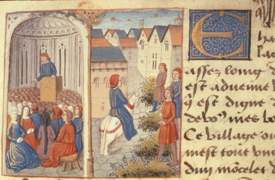 Een Lezing en Strooiende Rietjes in de Straten, uit Les Cent Nouvelles Nouvelles, 1462 door French School