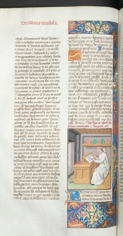Ms Hunter 36-39, vol.3 fol.47v Een Kartuizer monnik in het wit die een manuscript schrijft, illustratie uit Vita Christi door Ludolf van Saksen, c.1490 door French School