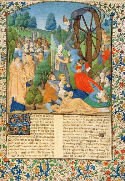 Ms Hunter 371 f.1r Dame Fortuna en slachtoffers die van haar rad vallen, uit Boccaccio