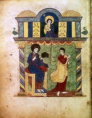 Ms Lat 8878 fol.1v Jezus presenteert het evangelie aan St. Matteüs, uit een Commentaar op de Apocalyps door de Asturische monnik Beatus van Liebana (c.776) c.1028-72 (perkament) door French School