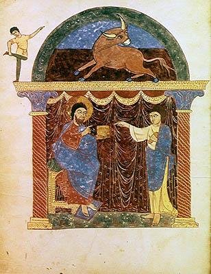 Ms Lat 8878 fol.3v Jezus presenteert het evangelie aan St. Lucas, uit een commentaar op de Apocalyps door de Asturische monnik Beatus van Liebana door French School