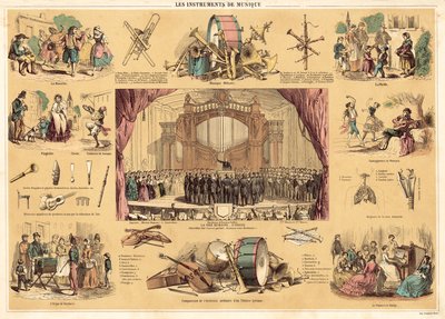 Muziekinstrumenten (kleur litho) door French School