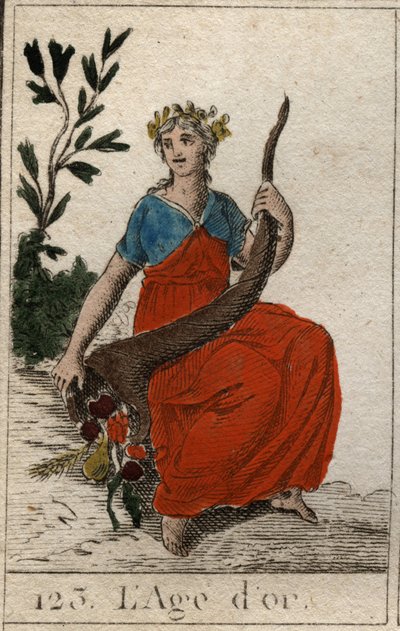 Mythe van de Tijdperken van de Mensheid: afbeelding van het Gouden Tijdperk, als een jonge maagd met perfecte schoonheid, gekroond met bloemen en met een hoorn des overvloeds. door French School