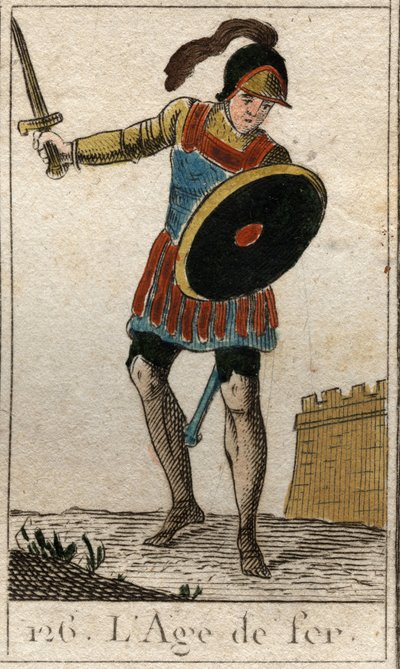 Mythe van de Tijdperken van de Mensheid: voorstelling van het IJzeren Tijdperk, als een jonge man met een helm, een zwaard en een schild. Uit 