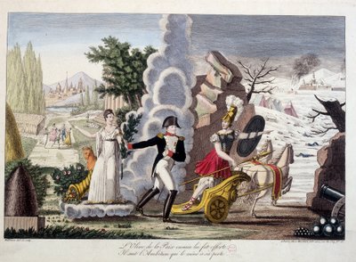 Napoleon I tussen oorlog en vrede, circa 1815 - Napoleon tussen oorlog en vrede - De olijf van vrede werd tevergeefs aan hem aangeboden, hij volgt de ambitie die hem tot zijn ondergang leidde - in “Napoleon 1er”, een dummy collectie van cartoons door French School