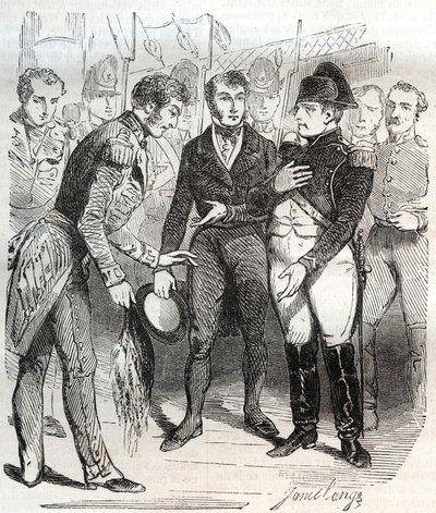 Napoleon vertrouwt op het Britse geloof - Napoleon Bonaparte aan boord van het Britse schip Bellerophon dat hem naar ballingschap op Sint-Helena zal brengen op 14 juli 1815 door French School