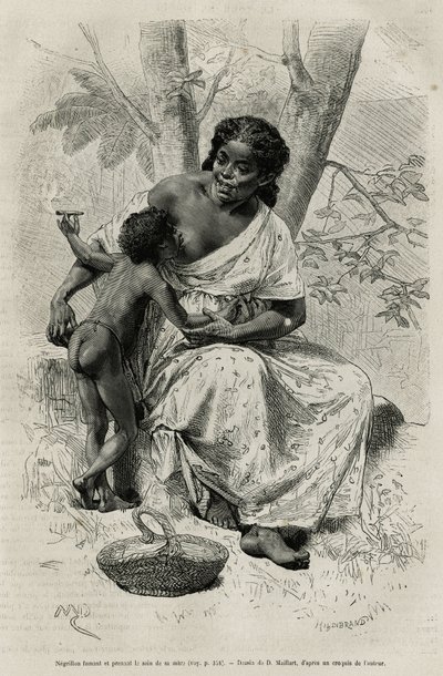 Negillon rookt en drinkt bij haar moeder, in de Darien-regio (oostelijk Panama), gravure naar een tekening van D.Maillart, ter illustratie van het verhaal Exploratie bij de isthmus van Panama en Darien, door A. Reclus, luitenant van schip, 1876-1878 door French School