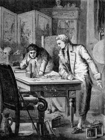 Nicholson en Carlisle, in Londen, ontleden water met de batterij van Volta (batterij van Alessandro (Alexandre) Volta), 2 mei door French School
