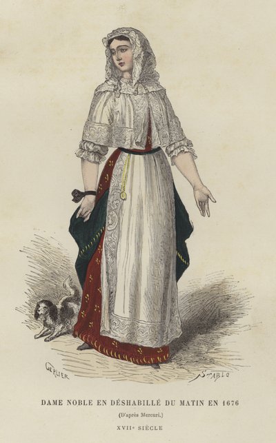 Edelvrouw in ochtendjas, 1676 door French School