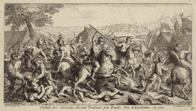 Odo, hertog van Aquitanië, verslaat de Omajjaden in de Slag bij Toulouse, 721 (gravure) door French School