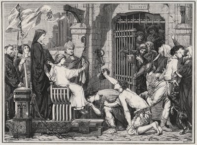 Bij gelegenheid van zijn toekomst (1227), bevrijdt de jonge Lodewijk IX gevangenen - gravure in 
