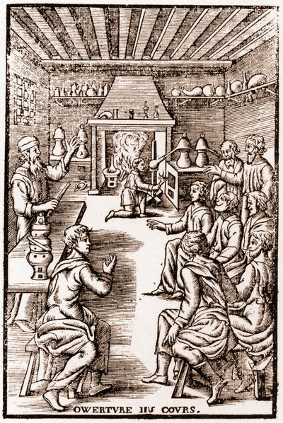 Opening van de cursus transmutatorische chemie - Gravure van 1653 in 