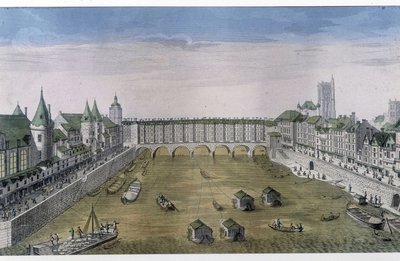 Optisch uitzicht op Parijs: Le Pont au change, ca. 1800, stad Parijs door French School