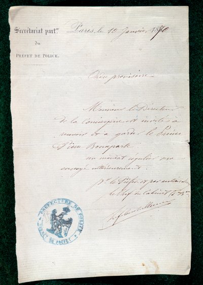 Bevel tot opsluiting aan de conciërge van prins Pierre Bonaparte (1815-1881) op 10 januari door French School