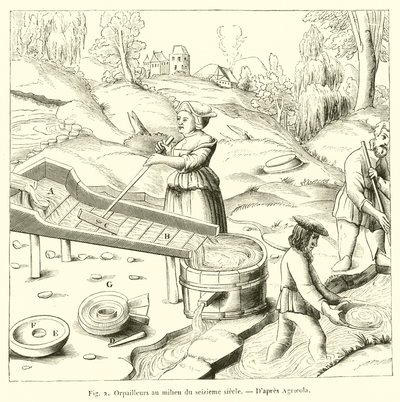 Goudzoekers in het midden van de zestiende eeuw (gravure) door French School