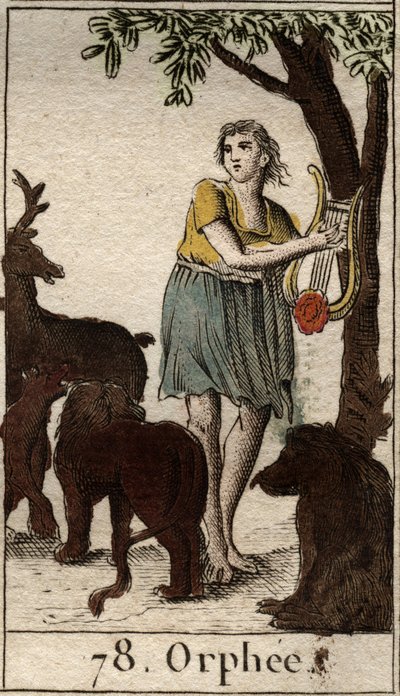 Orpheus betovert de wilde dieren door op zijn lier te spelen. Uit 