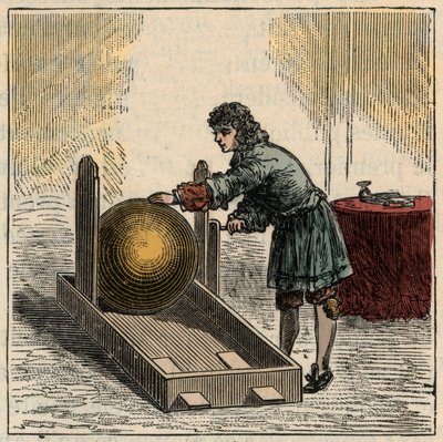 Otto von Guericke (1602-1686), Duitse natuurkundige, bedient de eerste statische elektriciteitsgenerator - Statische machines: Otto von Guericke (Otto de Guericke door French School