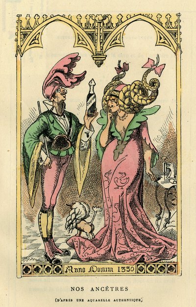 Onze Voorouders, karikatuur naar een aquarel van 1330. In “Histoire de France Tintamarresque” door Touchatout, Parijs door French School