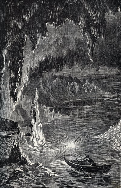 Padirac-grot in het departement Lot, Frankrijk - Rivière souterraine - Gouffre de Padirac - in het Lot in Frankrijk - gravure in 