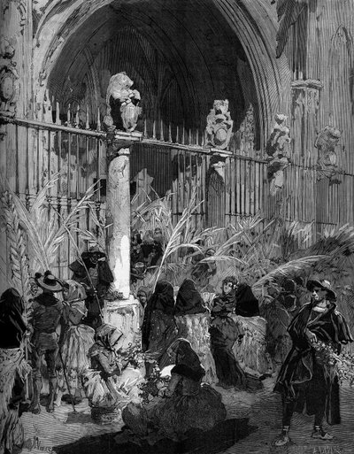 Palmzondag in Spanje: verkoop van gewijde palmbomen voor de kathedraal van Toledo. Gravure van Virgo in 
