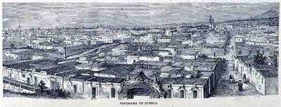 Panorama van Puebla, Centraal Mexico, uit De oude steden van de Nieuwe Wereld, door Claude-Joseph-Desire Charnay, uitgegeven 1887 door French School