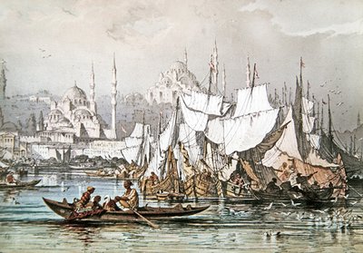 Panorama van Schepen in de Haven van Constantinopel met de Blauwe Moskee en Hagia Sophia door French School