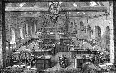 Papierindustrie: werkplaats voor het verfijnen en bleken van papierpulp. Gravure 1867 door French School