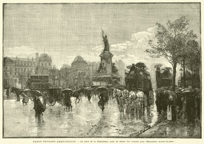 Parijs tijdens de tentoonstelling, het Place de la République, vertrekpunt van de wagens naar de tentoonstelling, een regenachtige dag door French School