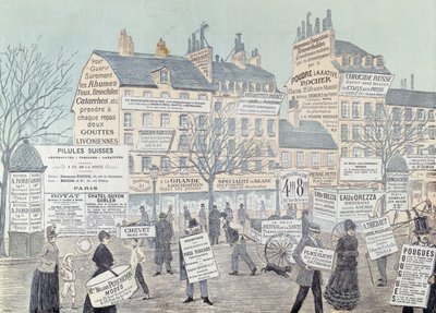 Parijse straat met veel advertenties, voornamelijk voor medicijnen, 1885 (kleurgravure) door French School