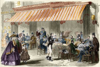 Parijs in de 19e eeuw. De boulevard des Italians in 1859: buiten het café Helder om vijf uur 