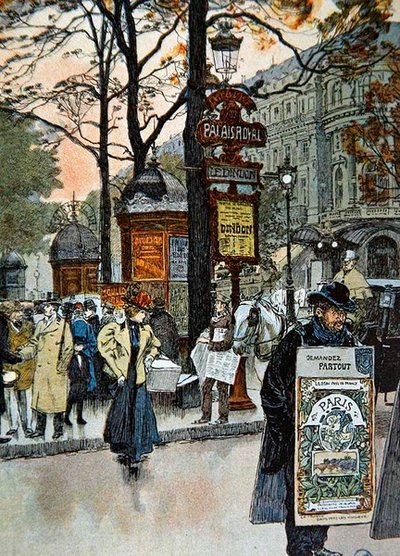 Parijse straatscène nabij het metrostation Palais-Royal, c.1900 door French School