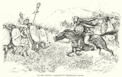 Parthische cavalerie valt Romeinse legionairs aan (gravure) door French School