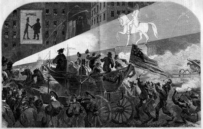 Feest in de straten van New York (New York) ter viering van de installatie van de trans-Atlantische telegraafkabel tussen de Verenigde Staten (Verenigde Staten) en Engeland in 1858. Gravure in Le Monde Illustré nr. 79 van 16 oktober 1858 door French School