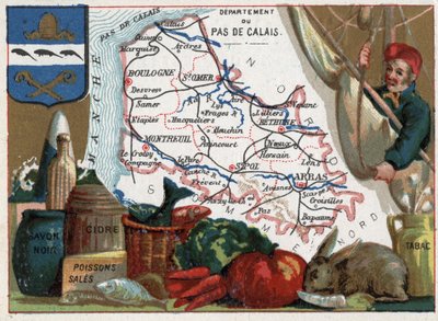 Pas de Calais (62), Nord Pas de Calais, Frankrijk. Lokale specialiteiten: zwarte zeep, vuile vis, cider en tabak. Serie over de Franse departementen. Chromolithografie "de geografische draad", circa 1920. Privécollectie door French School
