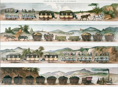 Passagiers en vracht op de eerste Franse lijn geopend tussen Lyon en St. Etienne, 1829 (kleur litho) door French School