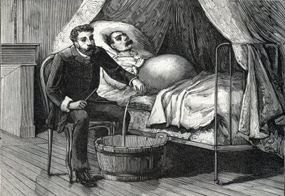 Patiënt met gevorderde levercirrose, dokter voert een punctie uit (gravure) 1888 door French School