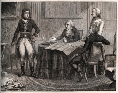 Vrede van Campoformio tussen Oostenrijk en Frankrijk: Onderhandelingen tussen graaf Cobenzl en Napoleon Bonaparte door French School