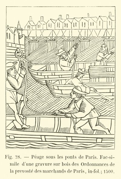 Tol onder de bruggen van Parijs, Fac-simile van een houtsnede uit de Ordonnances de la prévôté des marchands de Paris, in-fol; 1500 door French School