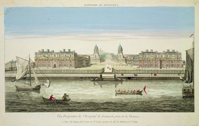 Perspectief Zicht op Greenwich Hospital aan de Theems, gegraveerd door Huquier door French School