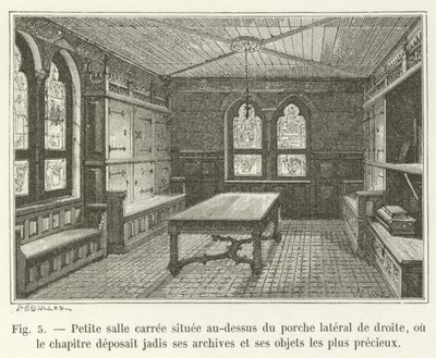 Kleine vierkante zaal boven de rechter zijportiek, waar het kapittel vroeger zijn archieven en kostbaarste voorwerpen bewaarde door French School