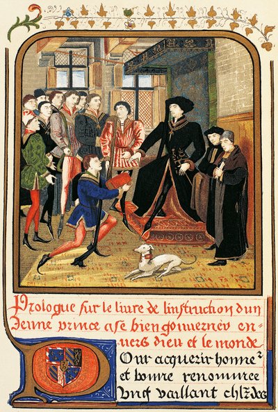 Filips de Goede (1396-1467) onder baldakijn, ets uit Instruction jeune prince, in Dictionary of Furniture and Decoration, Henry Havard, Volume II door French School