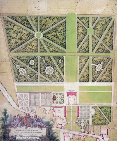 Plan van het kasteel en park in Roissy, behorend tot de Graaf van Caraman door French School