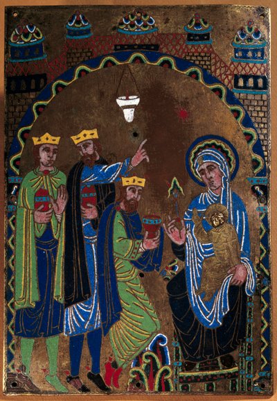 Plaquette van het hoofdaltaar van de Abdij van Grandmont: Aanbidding der Wijzen. Emaille verguld en gegraveerd op koper. 1275-1300. Uit Limoges. Parijs, Nationaal Museum van de Middeleeuwen, Thermen van Cluny door French School