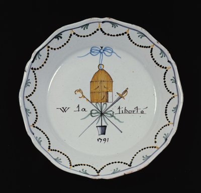 Bord met een open vogelkooi en de legende Vive la Liberte, 1791 door French School