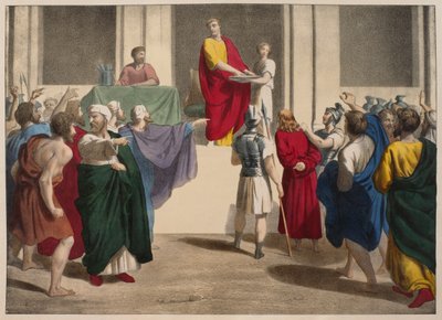 Pontius Pilatus wast zijn handen voor Jezus, illustratie uit een catechismus L
