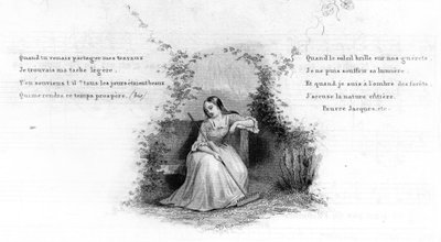 Arme Jacques. Meisje alleen zittend op een bank, met een hark in de hand. Gravure in "Chants et chansons populaire de la France", Deel 2 door French School