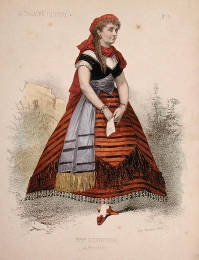 Portret van Hortense Schneider (1833-1920) in de rol van La Perichole in de operette met dezelfde naam door Jacques Offenbach (1819-90) illustratie uit 